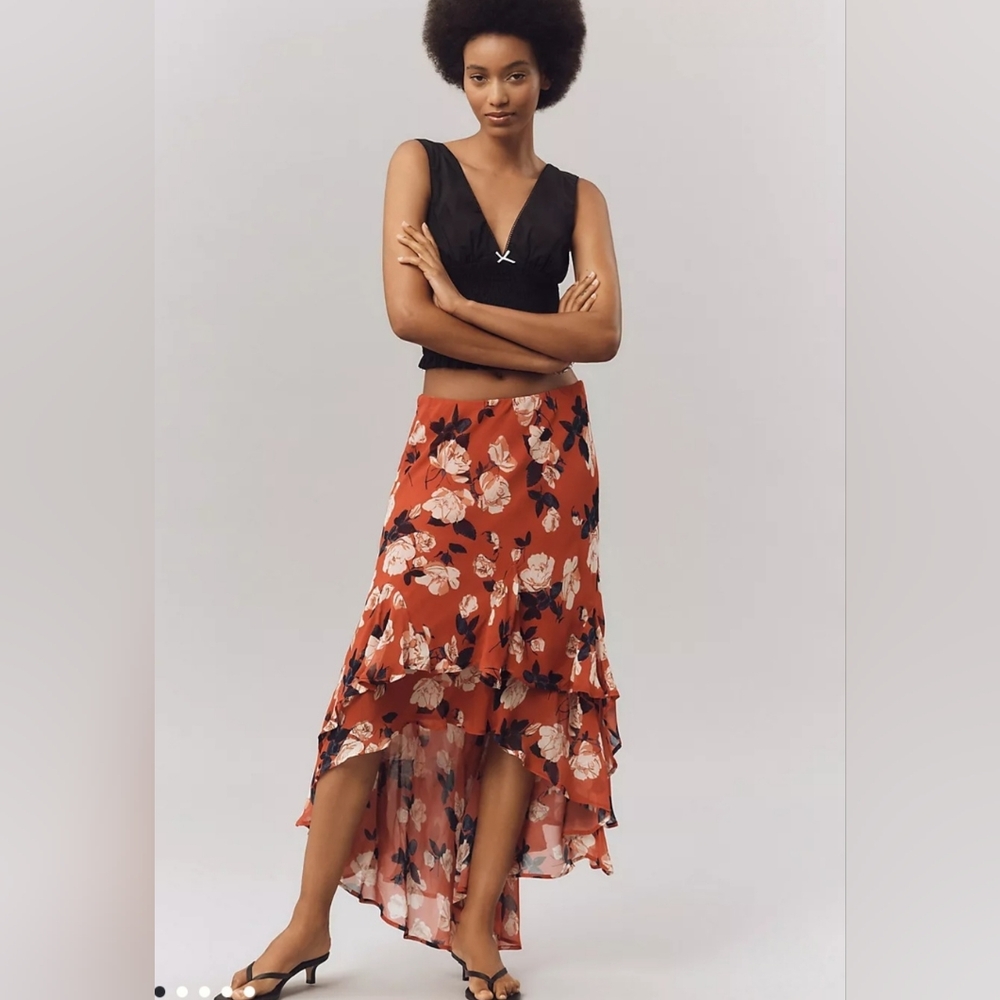 Maeve Anthropologie High-Low Ruffle Maxi Skirt Red With Floral Navy Small